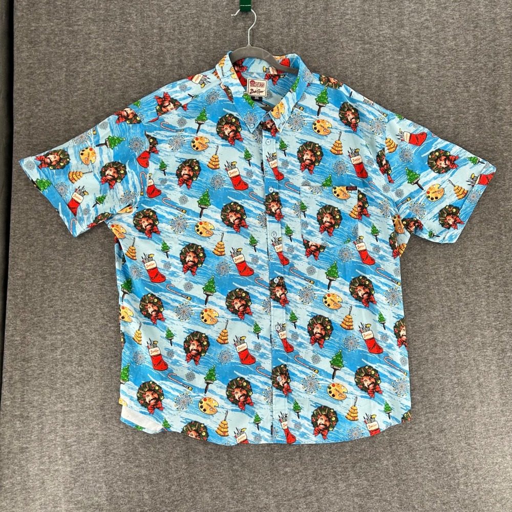 RSVLTS Bob Ross Christmas Kunuflex Short Sleeve Button Down Shirt Mens 3XL Blue